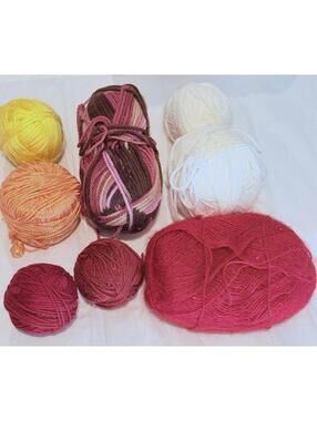 Mixed Yarn Lot 8 Red Yellow Metallic Melon White and Variegated Earthy Tones